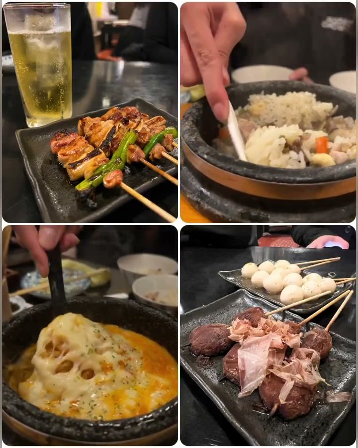 焼き鳥の盛り合わせと石焼きのごはん、チーズがとろける熱々の一品