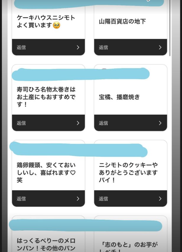ケーキハウスニシモト、山陽百貨店の地下、寿司ひろの太巻きなどの回答