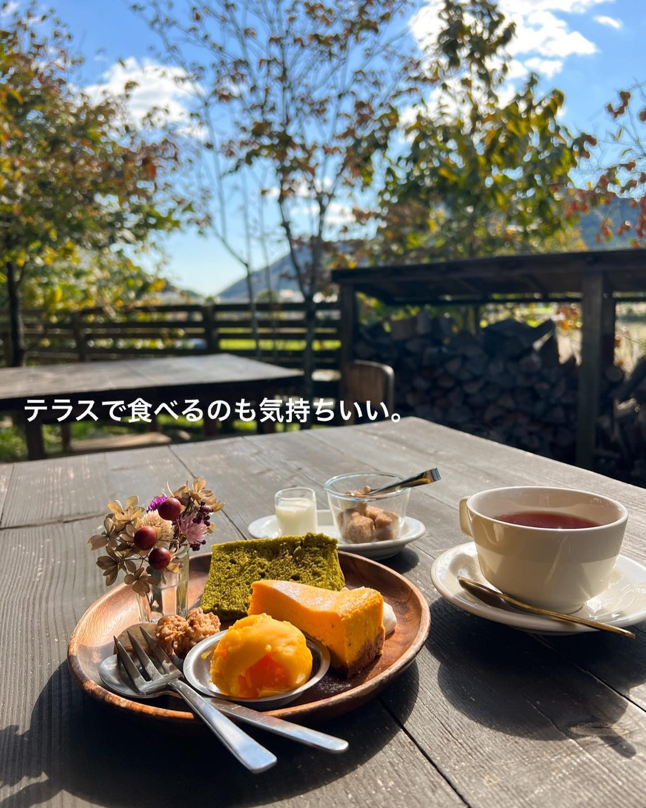 山の景色を眺めながらケーキと紅茶が楽しめるテラス席