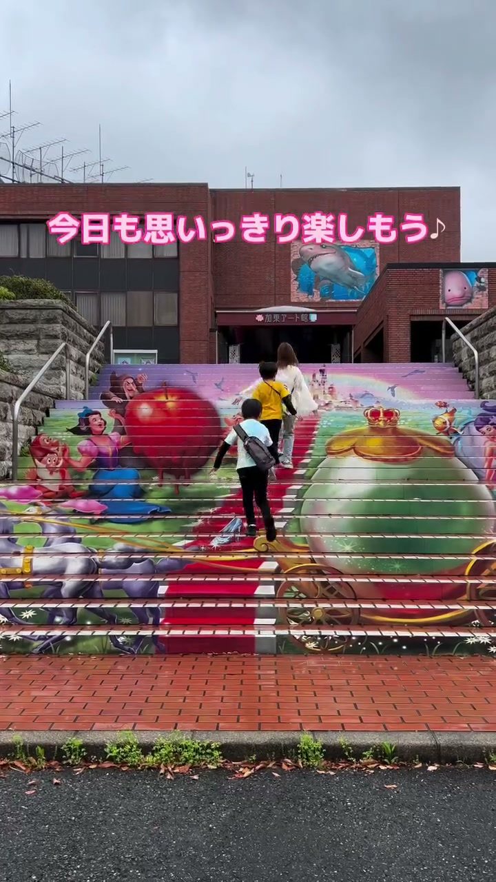 階段一面に描かれた加東アート館のトリックアート