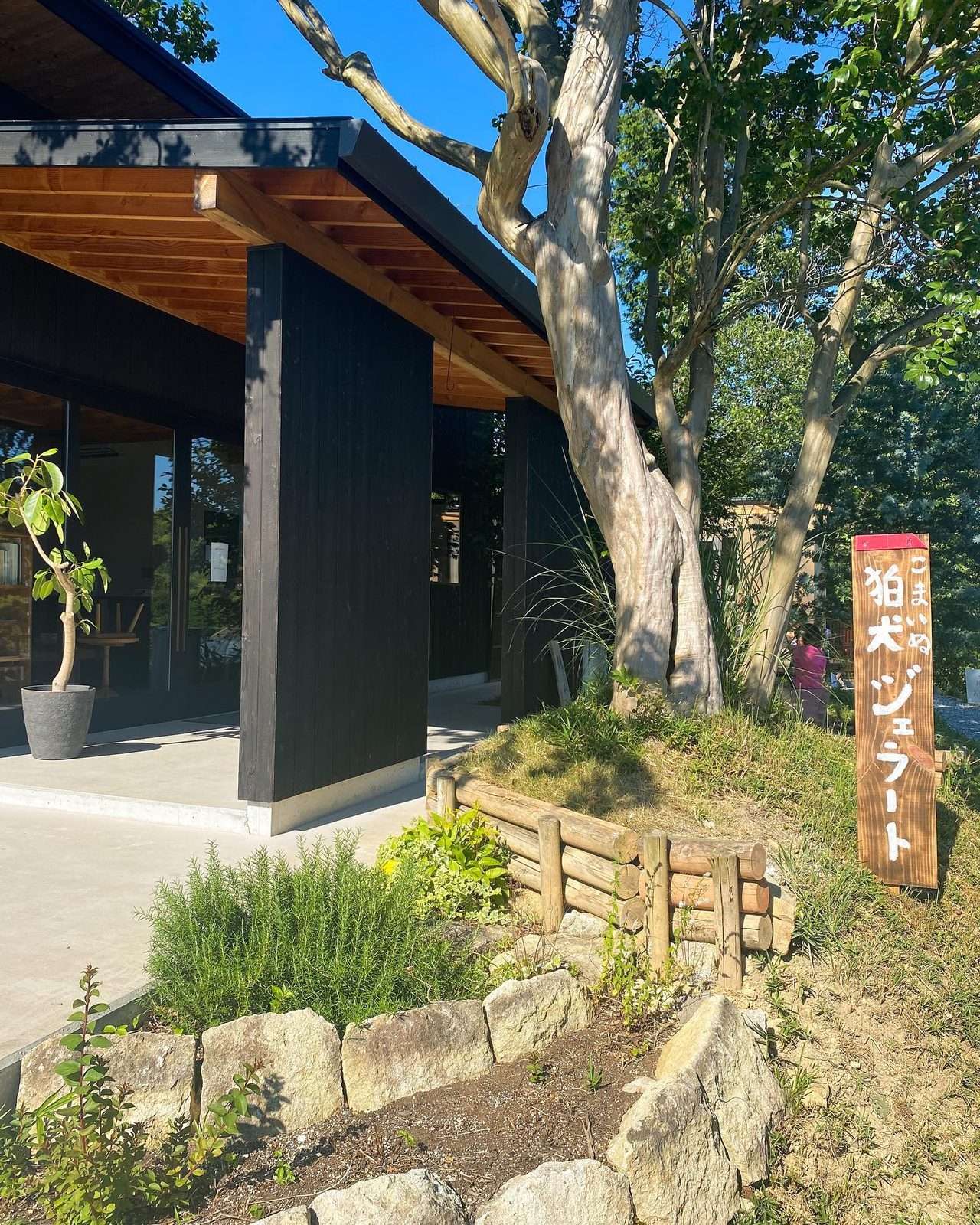 木々に囲まれた店舗と狛犬ジェラートの看板