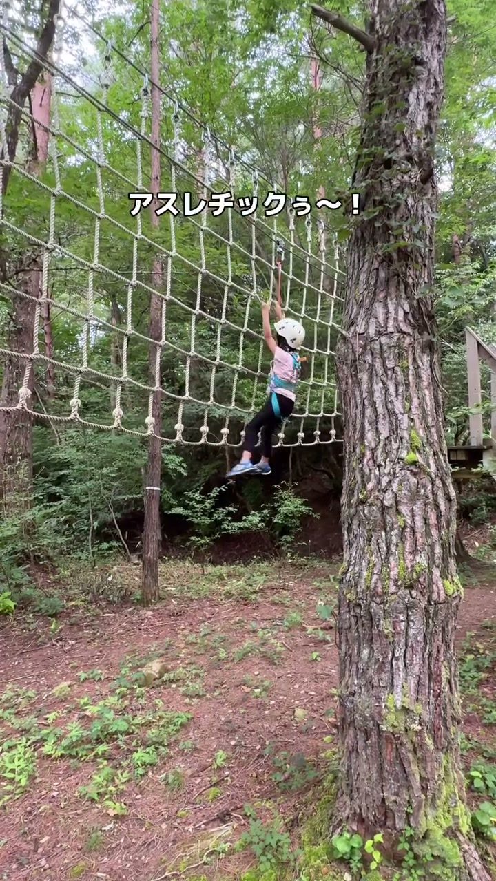 木々の間に張られたネットを渡るボウケンノモリのアスレチック