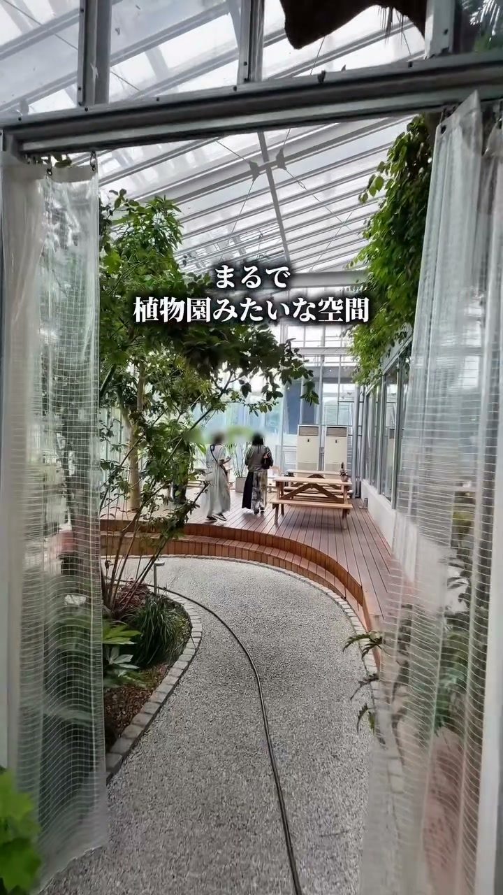 植物園のような緑に囲まれたカフェへ続く通路