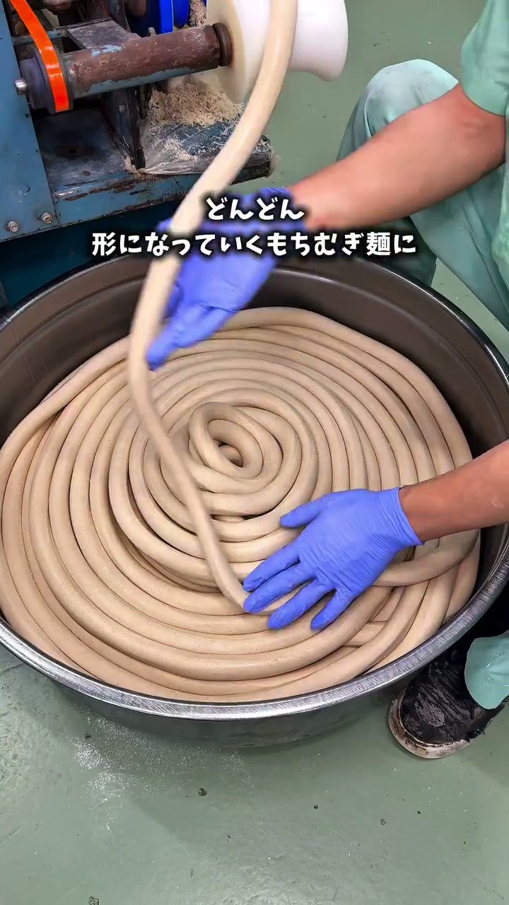 ガラス越しに見学できるもちむぎ麺の手延べ作業