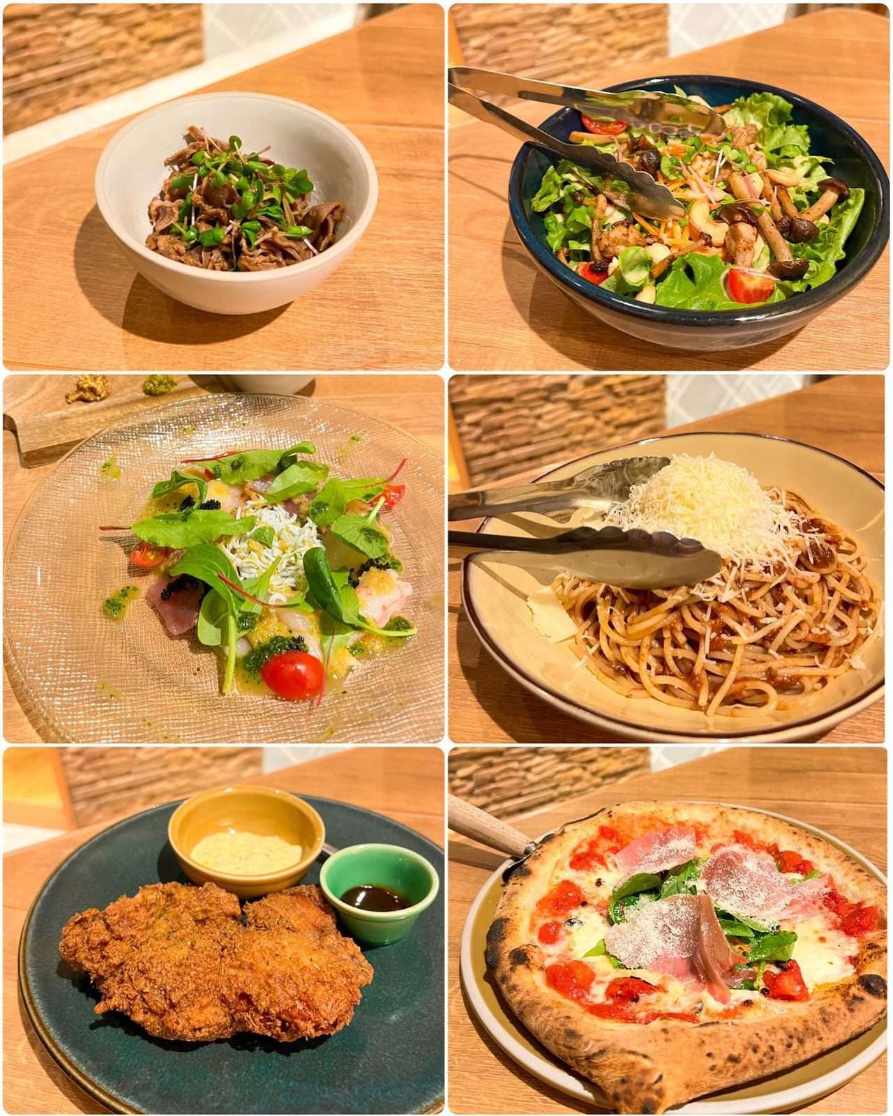 サラダやパスタ、ピザなど色とりどりの料理