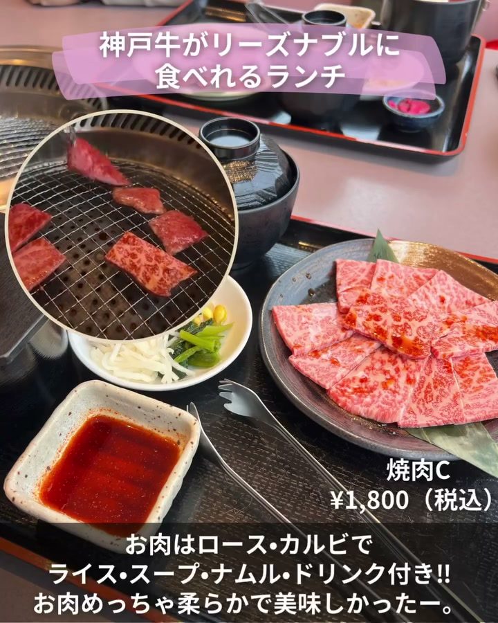 網の上で焼けていくロースとカルビ、つけダレ付きのランチセット