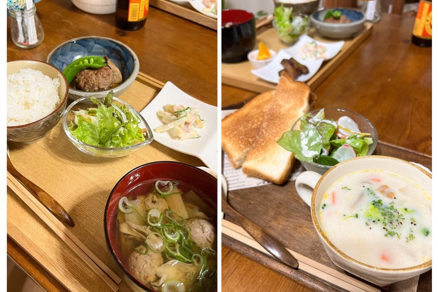 具だくさんのスープにごはんやトースト、サラダが並ぶ2つのトレー