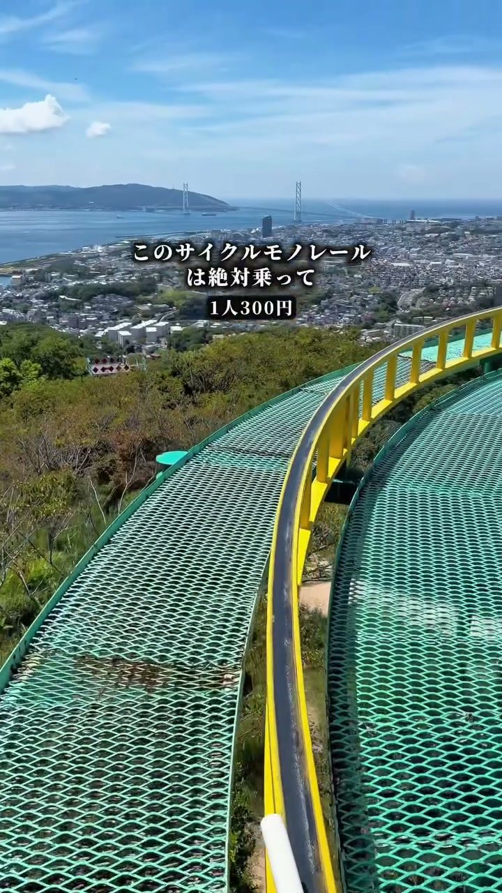 山の上から海と街を見下ろすように延びる緑のレール